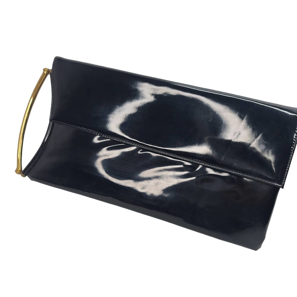 Vintage Patent Clutch Purse Black 1950s Triangle New York Handbag Brass Handle